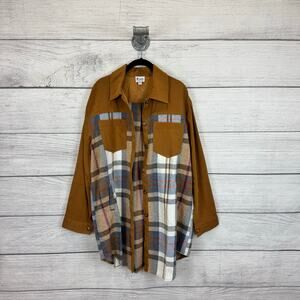 Meritt Women's Tan Plaid Button Up Lightweight Shacket Size Large